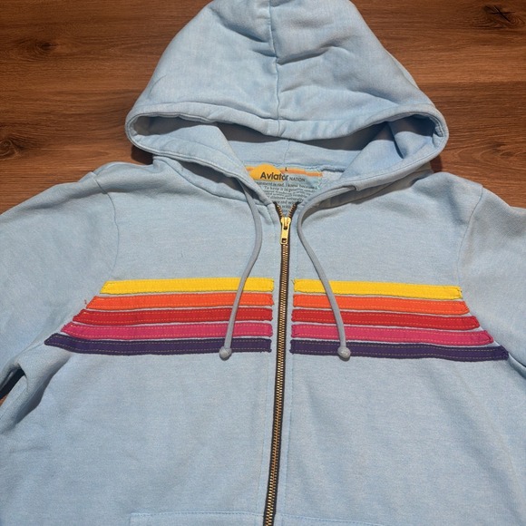 Aviator Nation 5 Stripes Full Zip Hoodie Rainbow Sky Blue Unisex Large - Picture 5 of 10